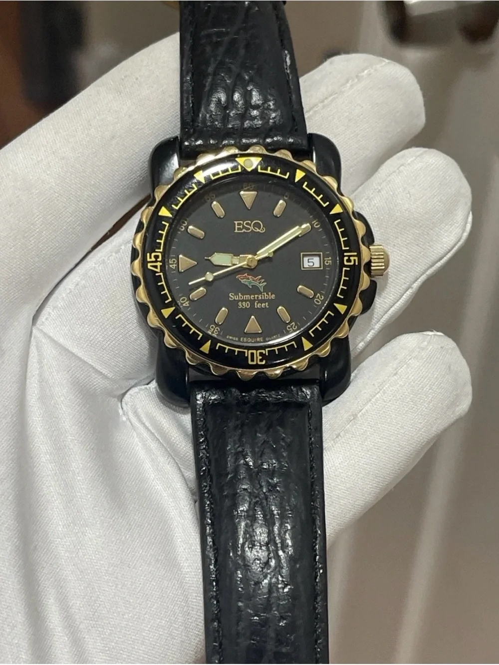 ESQ Movado Submersible Black Dial Gold Tone 330ft Diver 40mm Men’s Quartz